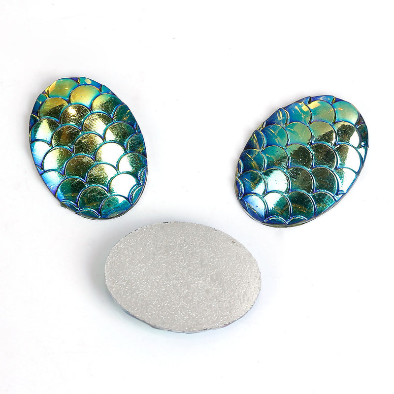 50 Oval Resin MERMAID FISH SCALE Cabochons, Rainbow Iridescent Green, faux druzy, 18x13mm, cab0504b