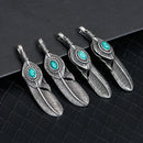 Large FEATHER Pendant, Faux Turquoise Cabochon, Antiqued Silver Metal, 2.5" long  chs2671