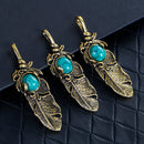 Large FEATHER Pendant, Faux Turquoise Cabochon, Antiqued Gold Metal, 1-7/8" long,  chg0494