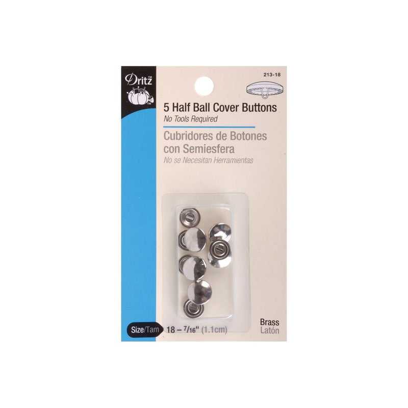 5 Half Ball Cover Buttons, Silver Brass, Size 18, 7/16", fabric button covers, but0254