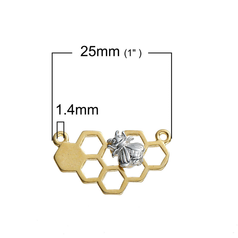 10 QUEEN BEE Honeycomb Charm Pendants, gold plated base, silver bee, double hole connector, 25x14mm, chg0499