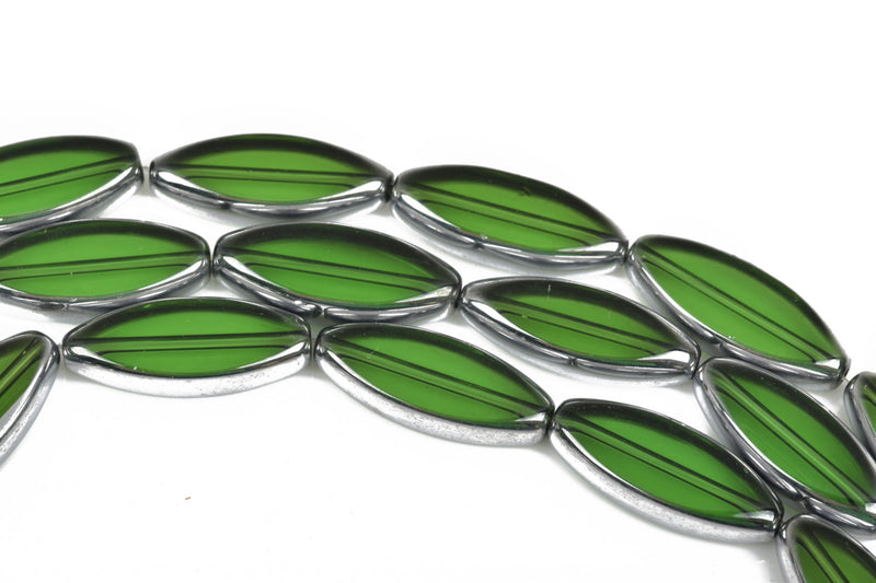 30mm x 12mm EMERALD GREEN OVAL Spindle Glass Beads Electroplate with Silver Metallic Edge Plating, 11 beads, bgl1542