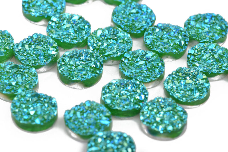 10 Round Resin GREEN BLUE RAINBOW Glitter Druzy Cabochons, iridescent faux druzy, 12mm, cab0470