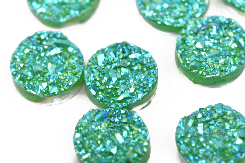 10 Round Resin GREEN BLUE RAINBOW Glitter Druzy Cabochons, iridescent faux druzy, 12mm, cab0470