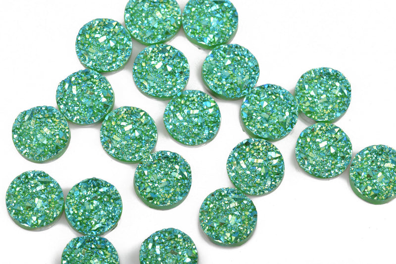 10 Round Resin GREEN BLUE RAINBOW Glitter Druzy Cabochons, iridescent faux druzy, 12mm, cab0470