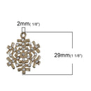 3 Rhinestone Gold SNOWFLAKE Charms, clear crystals, 29mm, chg0504