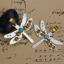 DRAGONFLY Pendant, SILVER with gold flowers and turquoise blue oval cabochon, textured metal, 2.5" chs2674