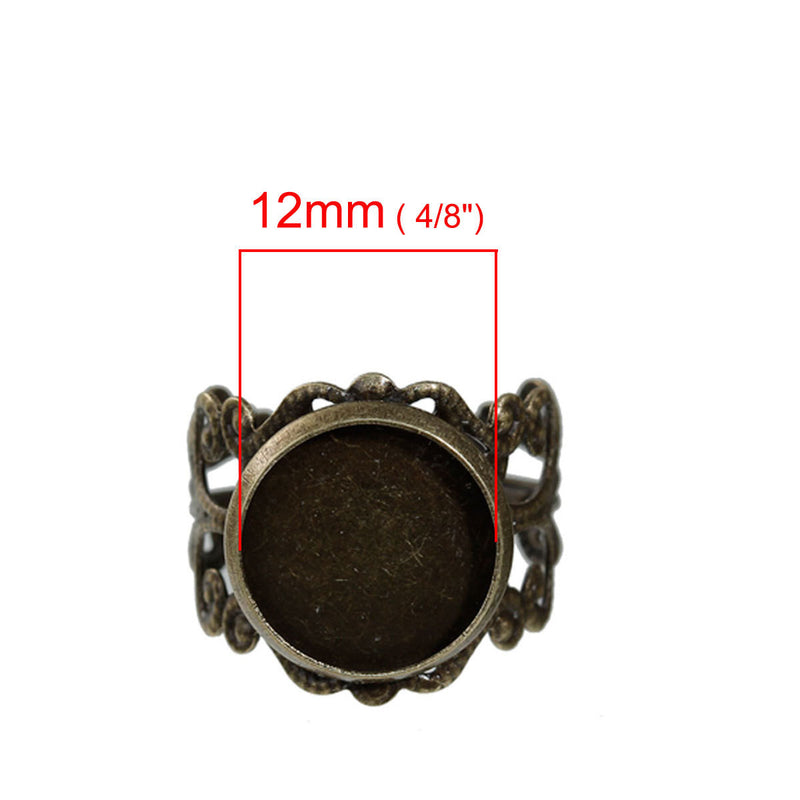 5 Bronze Filigree Cabochon Ring Blanks, Fits 12mm round cabochon, 12mm bezel tray, adjustable sizing, fin0586