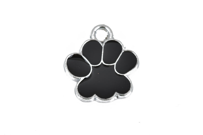 4 Silver Pewter and Enamel Black PAW PRINT School Mascot Charms or Pendants, textured back, che0524