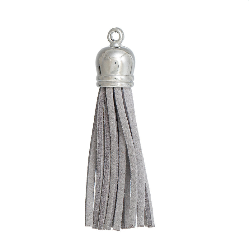 10 HEATHER GREY Suede Tassel Charm Pendants, silver topper, 57mm long (about 2.25") cho0164