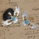 EAGLE Pendant, SILVER with gold flowers and turquoise blue cabochon, textured metal, 3.25" chs2675