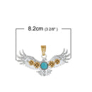 EAGLE Pendant, SILVER with gold flowers and turquoise blue cabochon, textured metal, 3.25" chs2675
