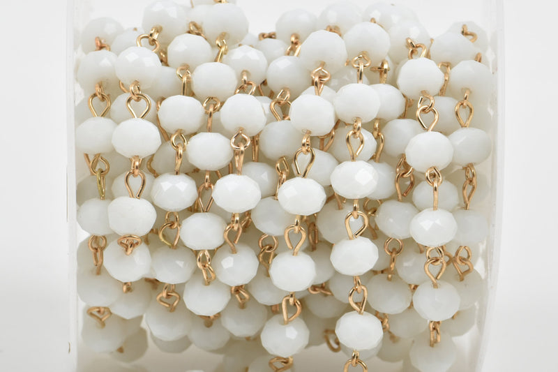13 feet (4.33 yards) WHITE Crystal Rondelle Rosary Chain, bright gold wire loops, 8mm faceted rondelle glass beads, fch0460b
