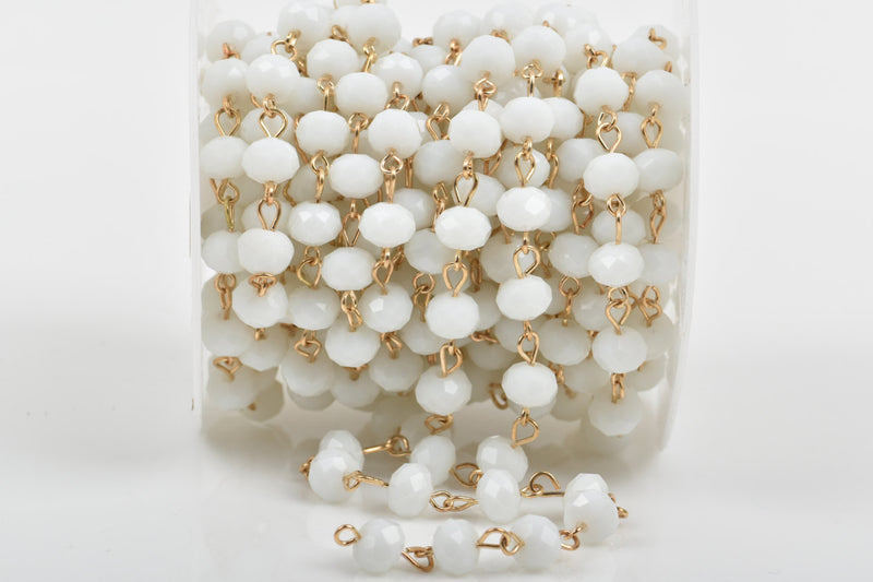 1 yard WHITE Crystal Rondelle Rosary Chain, bright gold wire loops, 8mm faceted rondelle glass beads, fch0460a