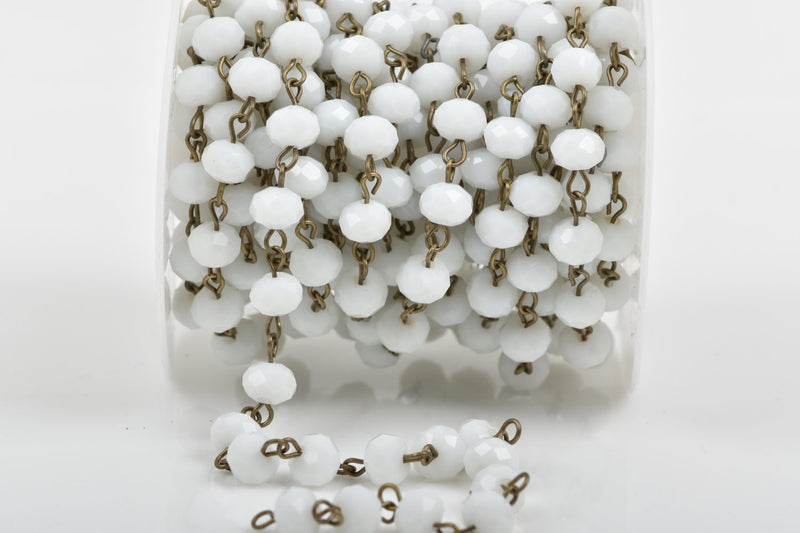 1 yard WHITE Crystal Rondelle Rosary Chain, bronze wire loops, 8mm faceted rondelle glass beads, fch0461a