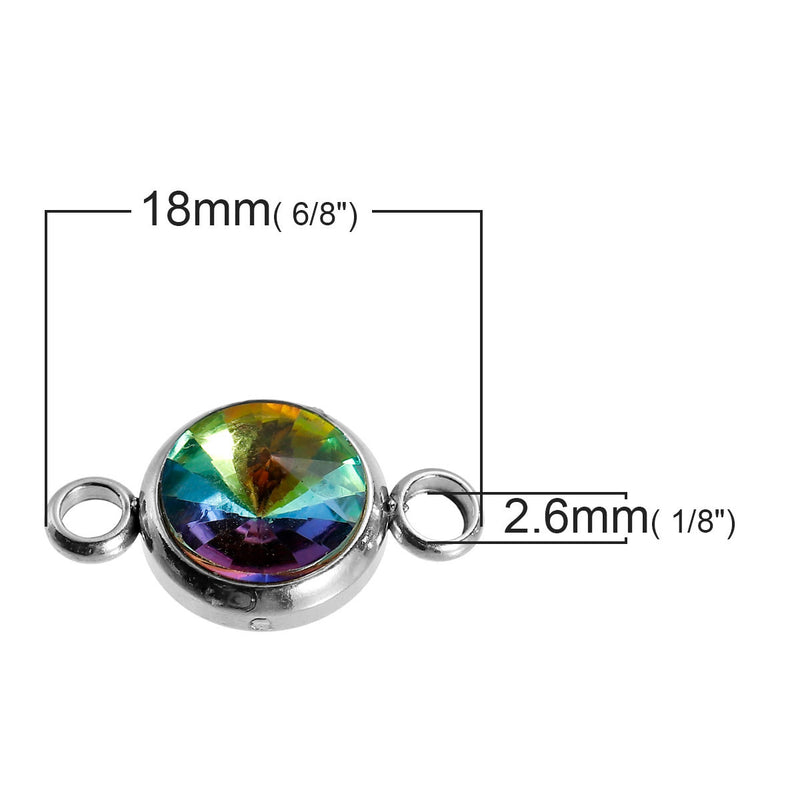 2 Stainless Steel Rhinestone Connector Link Charms, Rainbow AB Crystal in Center, 17x10mm, chs2676