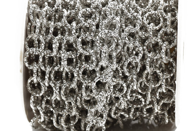 25 feet (8.3 yards) SILVER TONE Cable Chain, Round Links are 11mm unsoldered, Diamond Cut Twist Rope Design, fch0462b