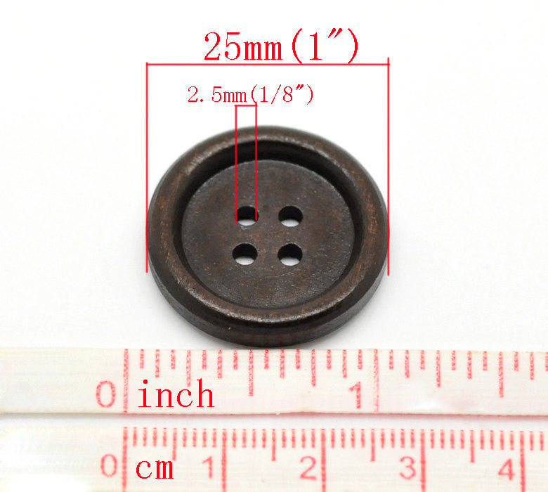 50 Large Wood Buttons, 25mm or 1" diameter dark coffee wood color, but0260