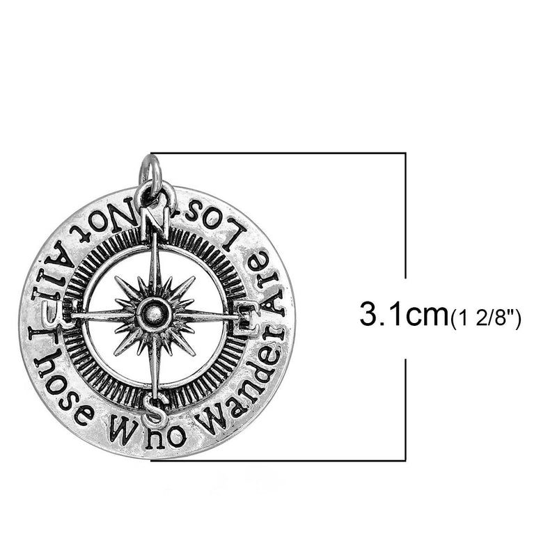 1 Silver COMPASS Charm Pendants, "Not All Those Who Wander Are Lost" quote charm 2-part stamped pendant charms, chs2684
