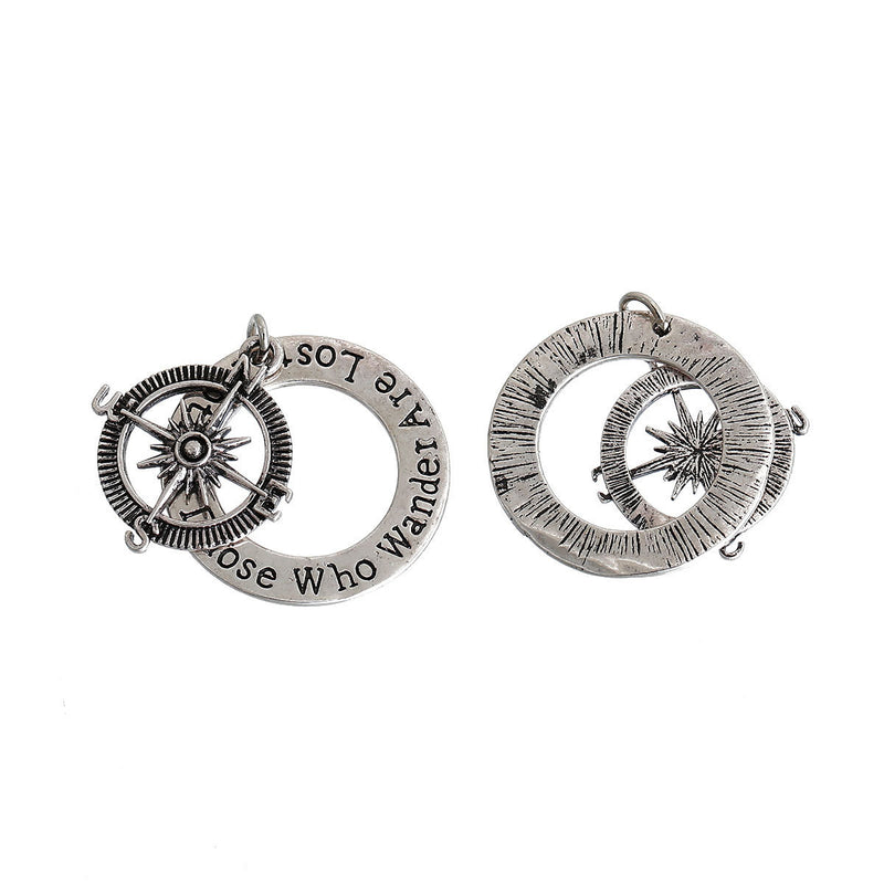 1 Silver COMPASS Charm Pendants, "Not All Those Who Wander Are Lost" quote charm 2-part stamped pendant charms, chs2684