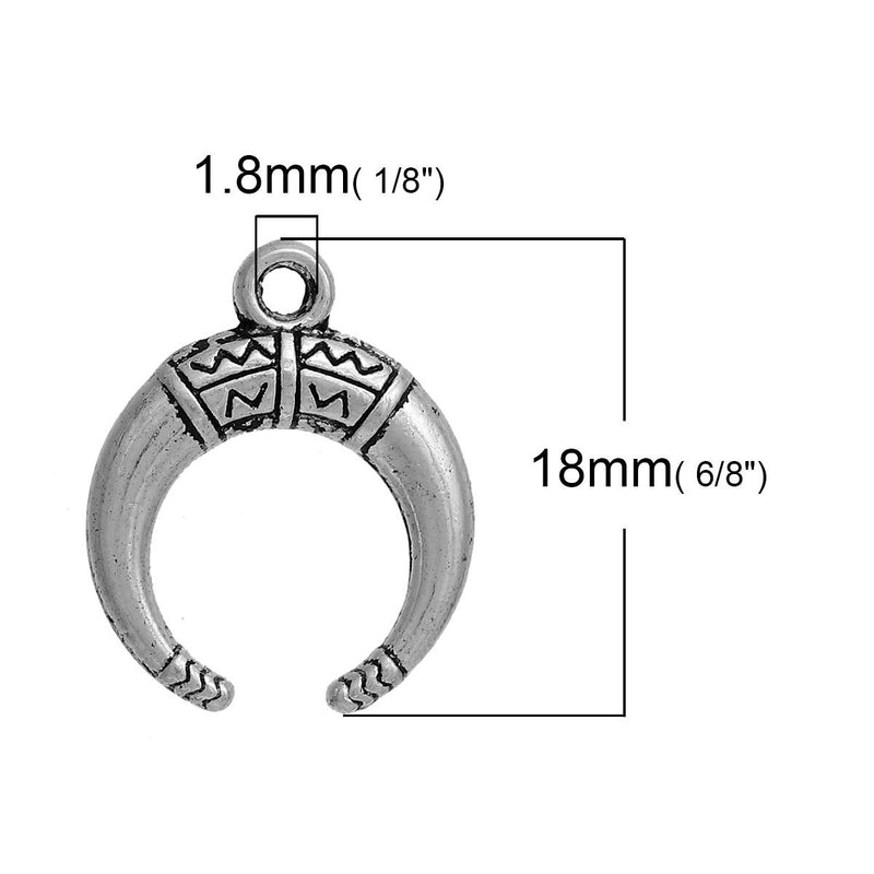 50 HORN Charm Pendants, Antique Silver Metal, Double Horn, Crescent Moon Charms, Atlantis jewelry, 18x15mm, bulk pack, chs2685b