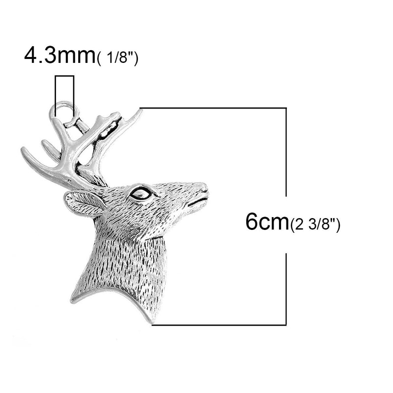 2 DEER BUCK Pendant Charms, stag, large reindeer, silver tone metal,  2-3/8" chs2687