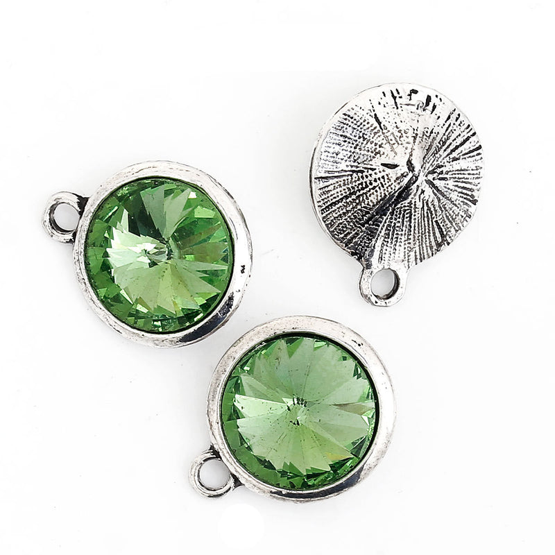 2 Peridot Green Rivoli Charms, Crystal Glass in Silver Bezel, 21x17mm, chs2700