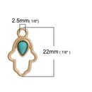5 Gold HAMSA HAND Charm Pendants, faux turquoise teardrop cabochon, gold plated metal, 22x13mm, chg0507