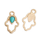 5 Gold HAMSA HAND Charm Pendants, faux turquoise teardrop cabochon, gold plated metal, 22x13mm, chg0507