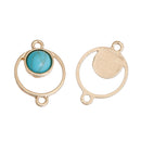 5 Gold Circle Charm Pendants, 2-hole connector links, round faux turquoise cabochon, gold metal, 24x17mm, chg0508