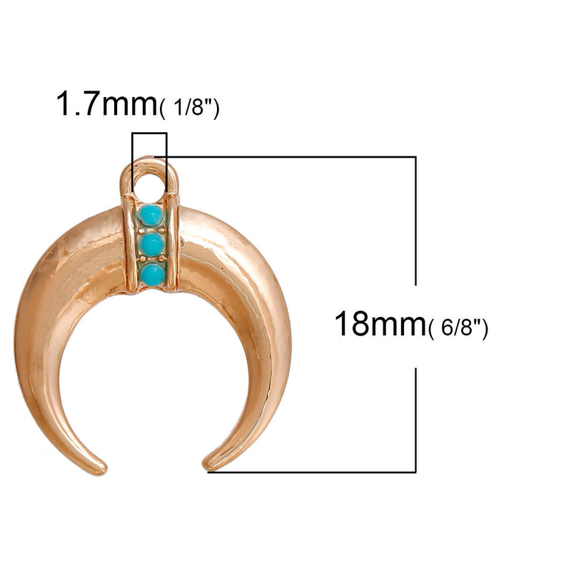 5 Gold Double Horn Charm Pendants, crescent moon charms, faux turquoise cabochons, 18x16mm, chg0509