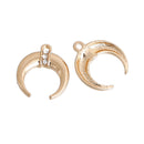 5 Gold Double Horn Charm Pendants, crescent moon charms, rhinestone accents, 18x16mm, chg0510