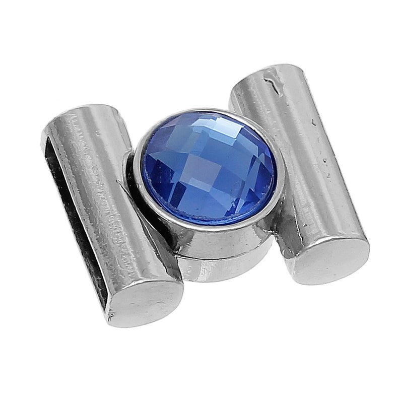 1 Set of Silver Tone Metal, SAPPHIRE BLUE Faceted Glass Magnetic Clasp, fcl0211