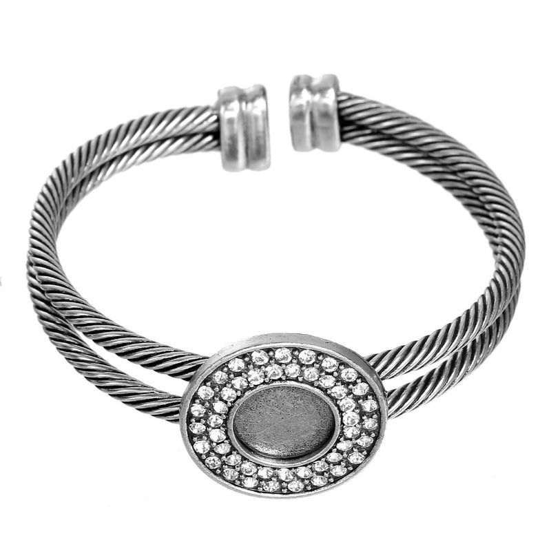 2 Antiqued Silver Bangle Cuff Bracelet Blanks, fits 11mm round cabochon, rhinestones surround bezel, fin0613