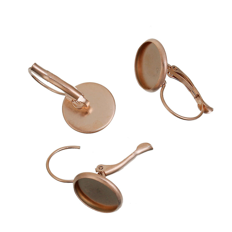 2 (1 pair) ROSE GOLD stainless steel cabochon bezel setting lever back earring components, fits 12mm round inside tray fin0614