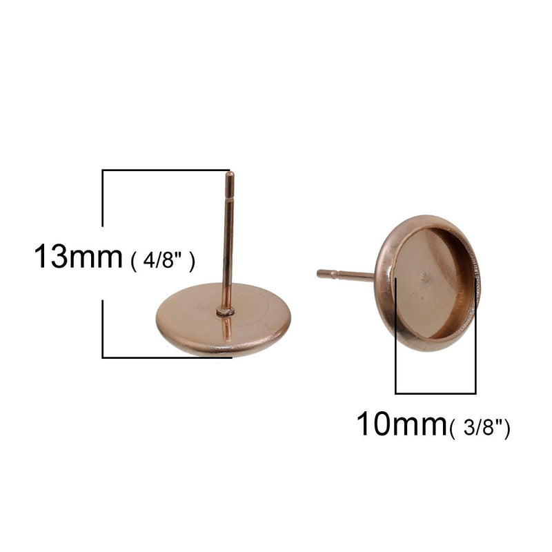 2 (1 pair) ROSE GOLD stainless steel cabochon bezel setting POST back earring components, fits 10mm round inside tray fin0619
