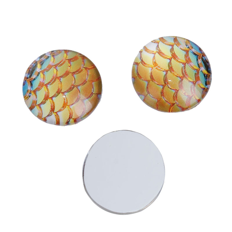 10 MERMAID Fish Scales Glass Dome Cabochons, Golden Yellow, Round Glas