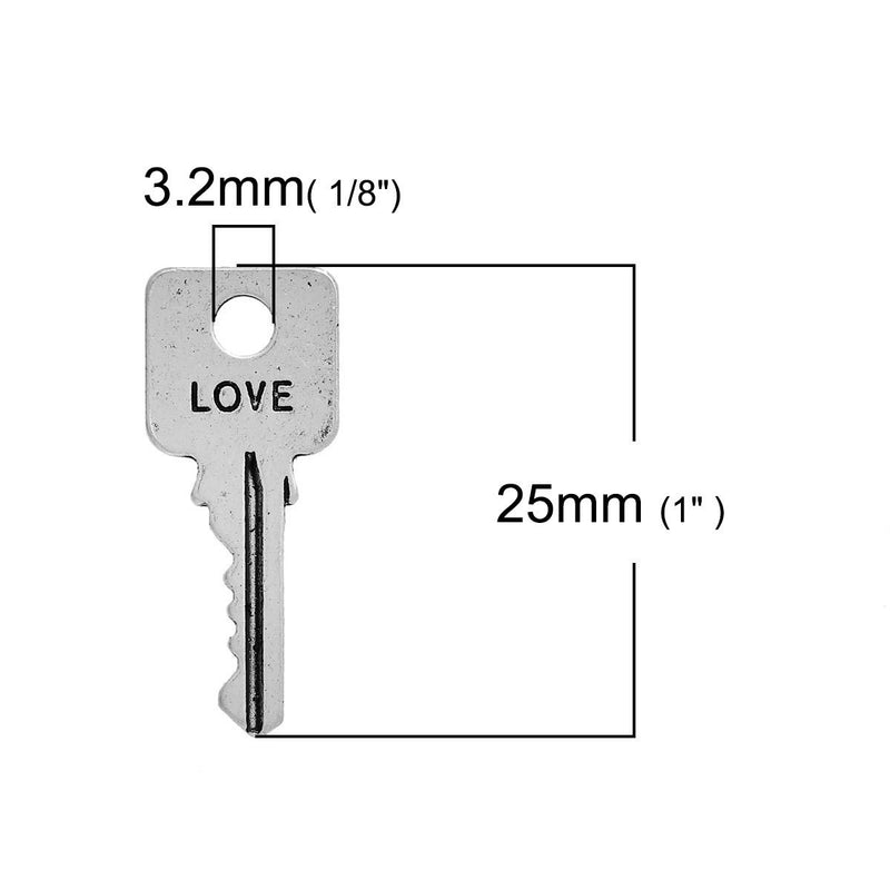 10 Silver LOVE KEY Charms, Antiqued Silver Metal with Love stamped on one side, 25x10mm, chs2703