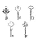 5 Fancy Silver KEY Charms, Antiqued Silver Metal fancy decorative styles, 1 of each, chs2704