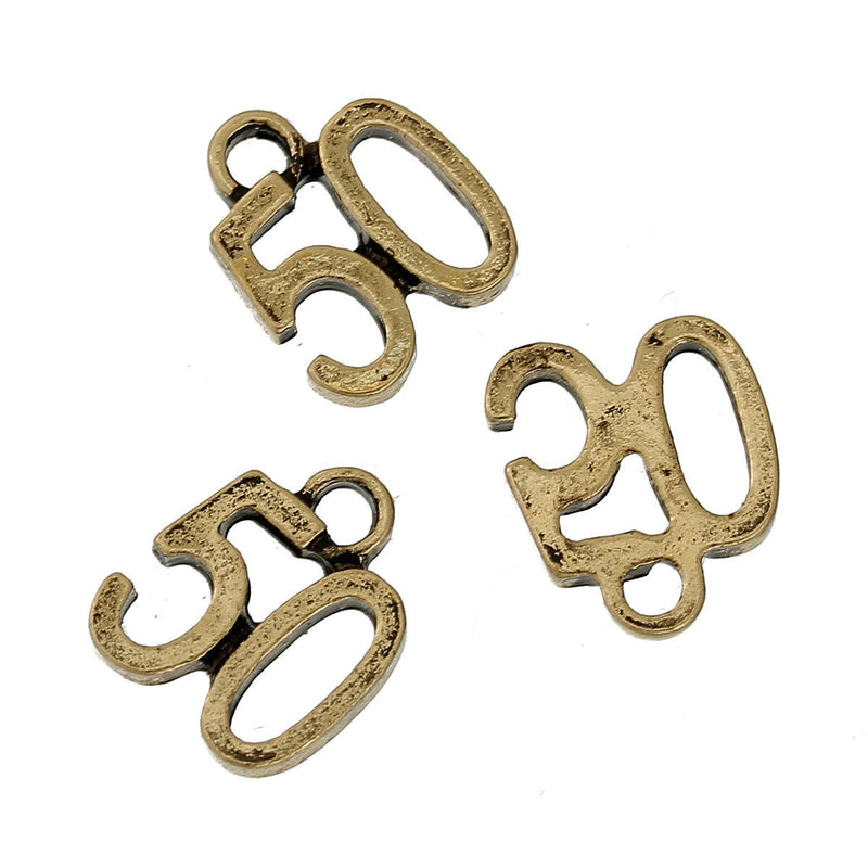 6 Bronze Plated Number 50 (Fifty) Charms, 12mm, about 1/2" chb0444