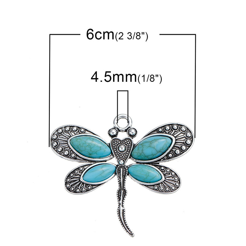 2 DRAGONFLY Pendants, Boho Chic Jewelry, Faux Turquoise and Silver Metal, chs2518