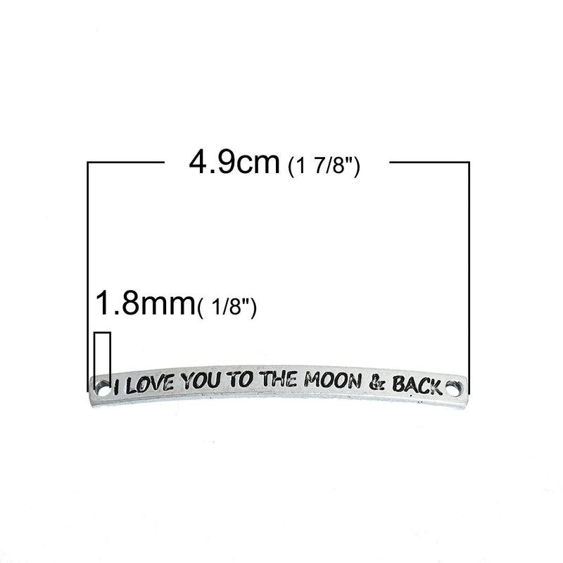 5 Bracelet Connectors, Stamped with I Love You To the Moon & Back Pendant Charms, silver links with 2 holes, 1-7/8" long chs2520