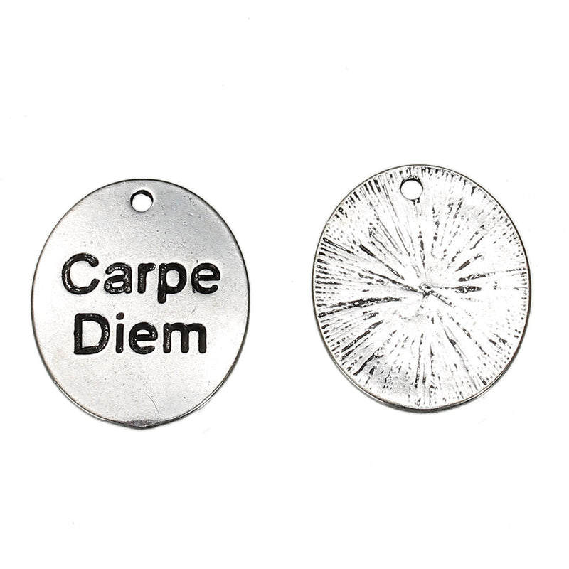 5 Large CARPE DIEM Oval Charm Pendants, Stamped Medallion, Quote Charms, Affirmation Charms, Seize the Day quote, 1-1/8" chs2523