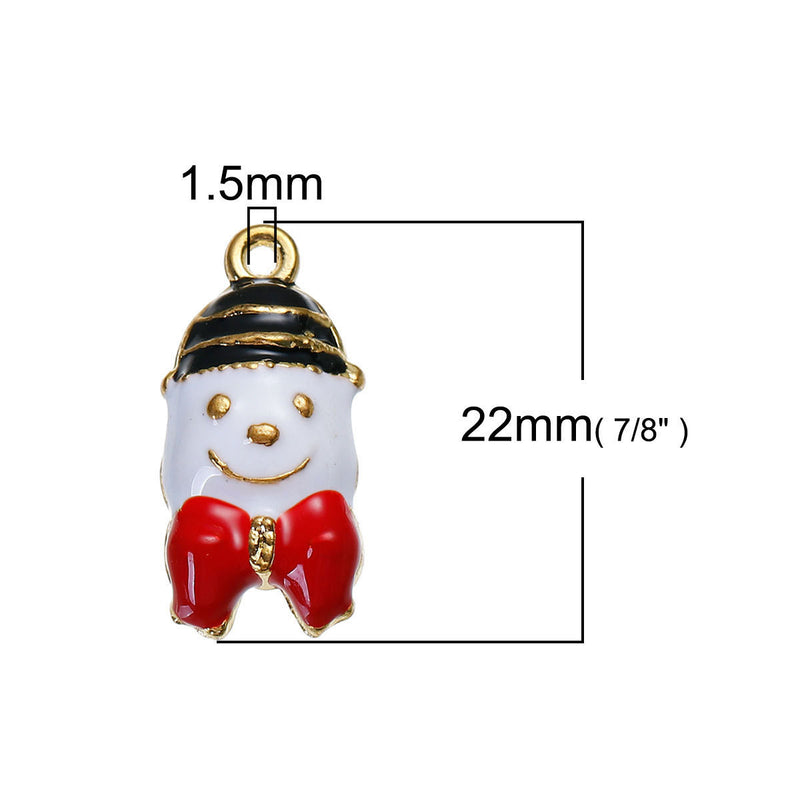 5 SNOWMAN Christmas Charms or Pendants, Puffed Snowman, Gold Plated with enamel, 7/8" chg0430