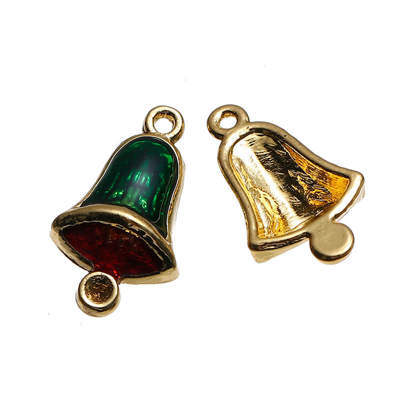 5 RED and GREEN Bells Christmas Charms or Pendants, Gold Plated with enamel, 7/8" chg0431