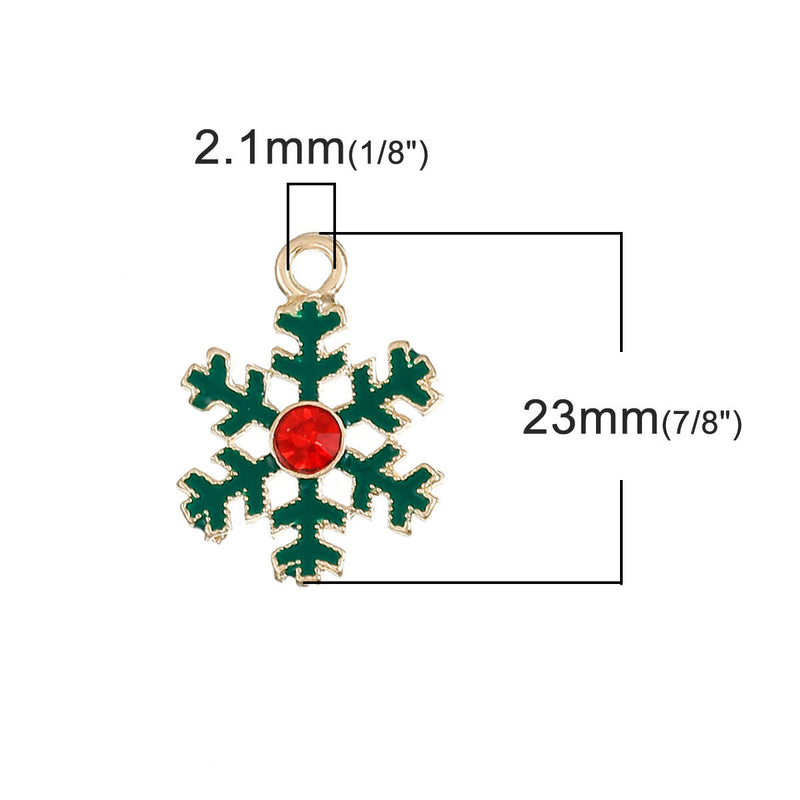 5 CHRISTMAS SNOWFLAKE Charms or Pendants, Gold Plated with enamel and rhinestone accents, 7/8" chg0433