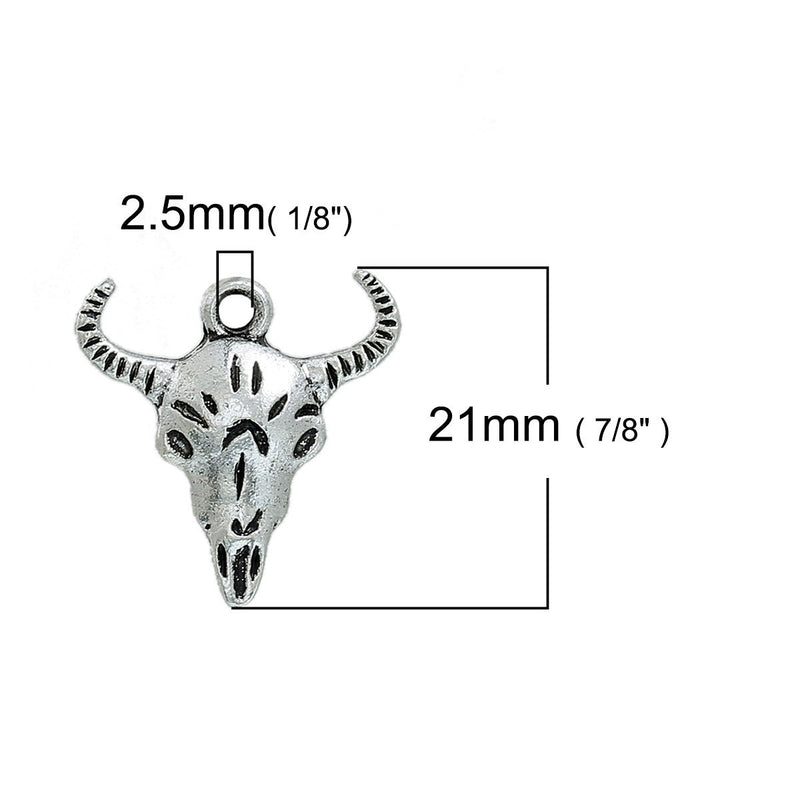 10 Silver Tone Metal Longhorn COW SKULL Charms or Pendants, 21x21mm, chs2527