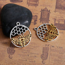 5 QUEEN BEE Circle Honeycomb Charm Pendants, silver circle shaped base with gold bee, 29x25mm, chs2713
