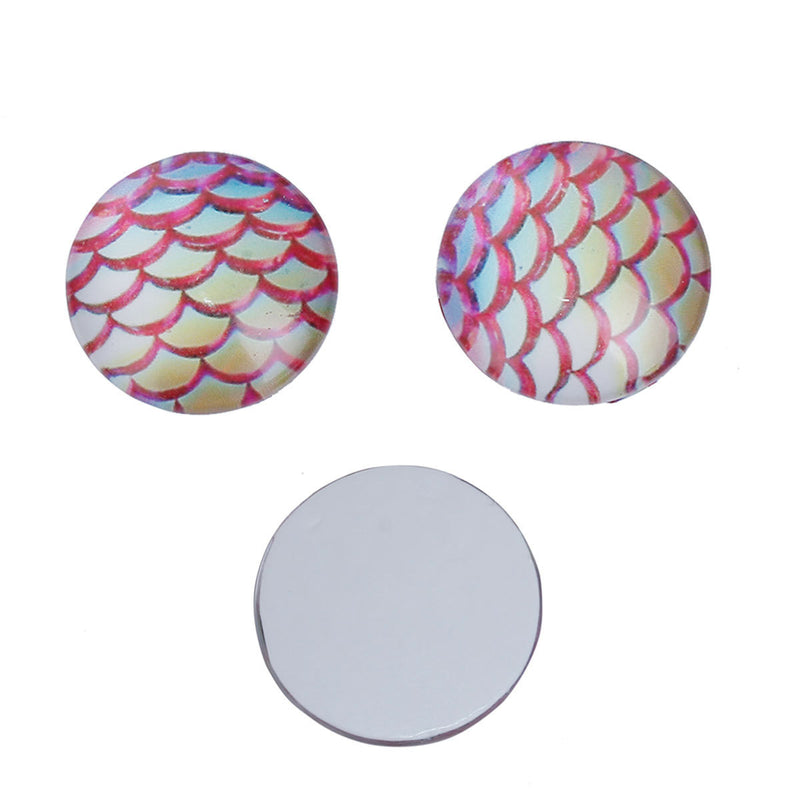 10 MERMAID Fish Scales Glass Dome Cabochons, Pink and Yellow, Round Glass Dome Seals Cabochons, 12mm  (about 1/2" diameter)  cab0520