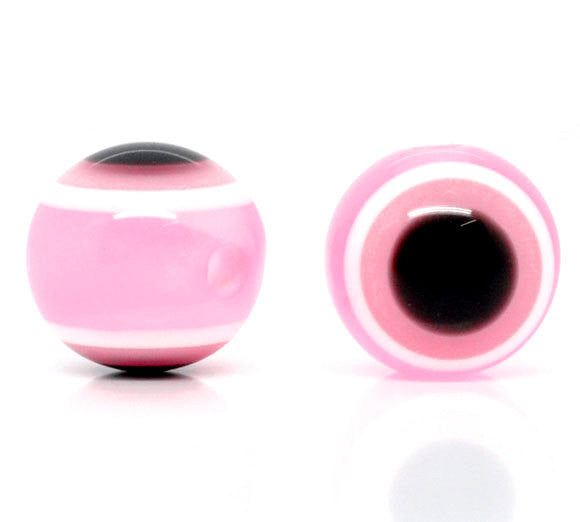 100 PINK Evil Eye Stripe Round Resin Spacer Beads 10mm, bac0339